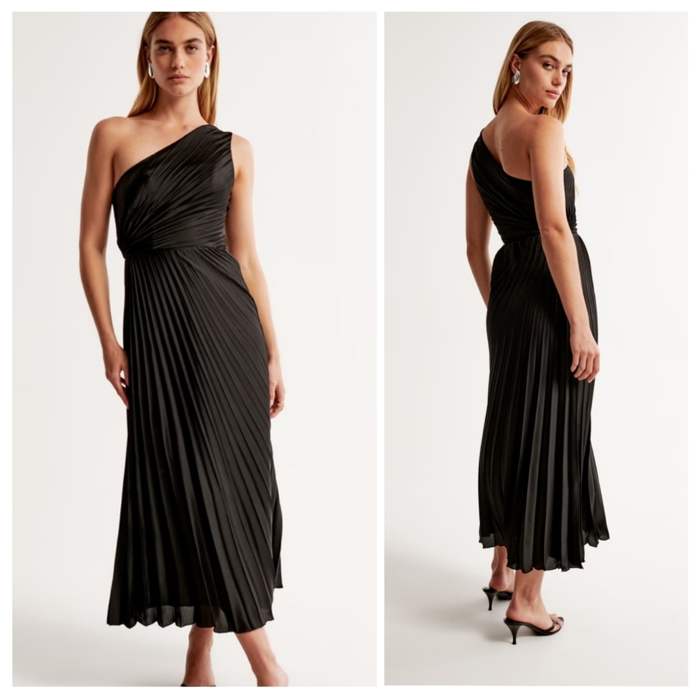 Abercrombie & Fitch One-Shoulder Black Pleated Giselle Midi Dress